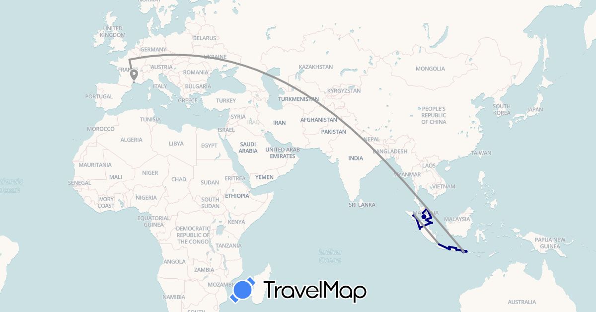 TravelMap itinerary: driving, plane in France, Indonesia, Malaysia, Singapore (Asia, Europe)